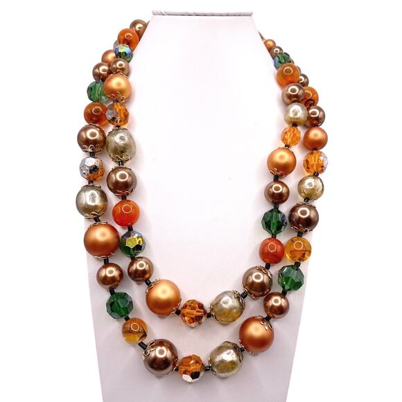 Vendome Lucite Beads Signed Autumn Tones Necklace and Clip On Earrings Set - Picture 10 of 10